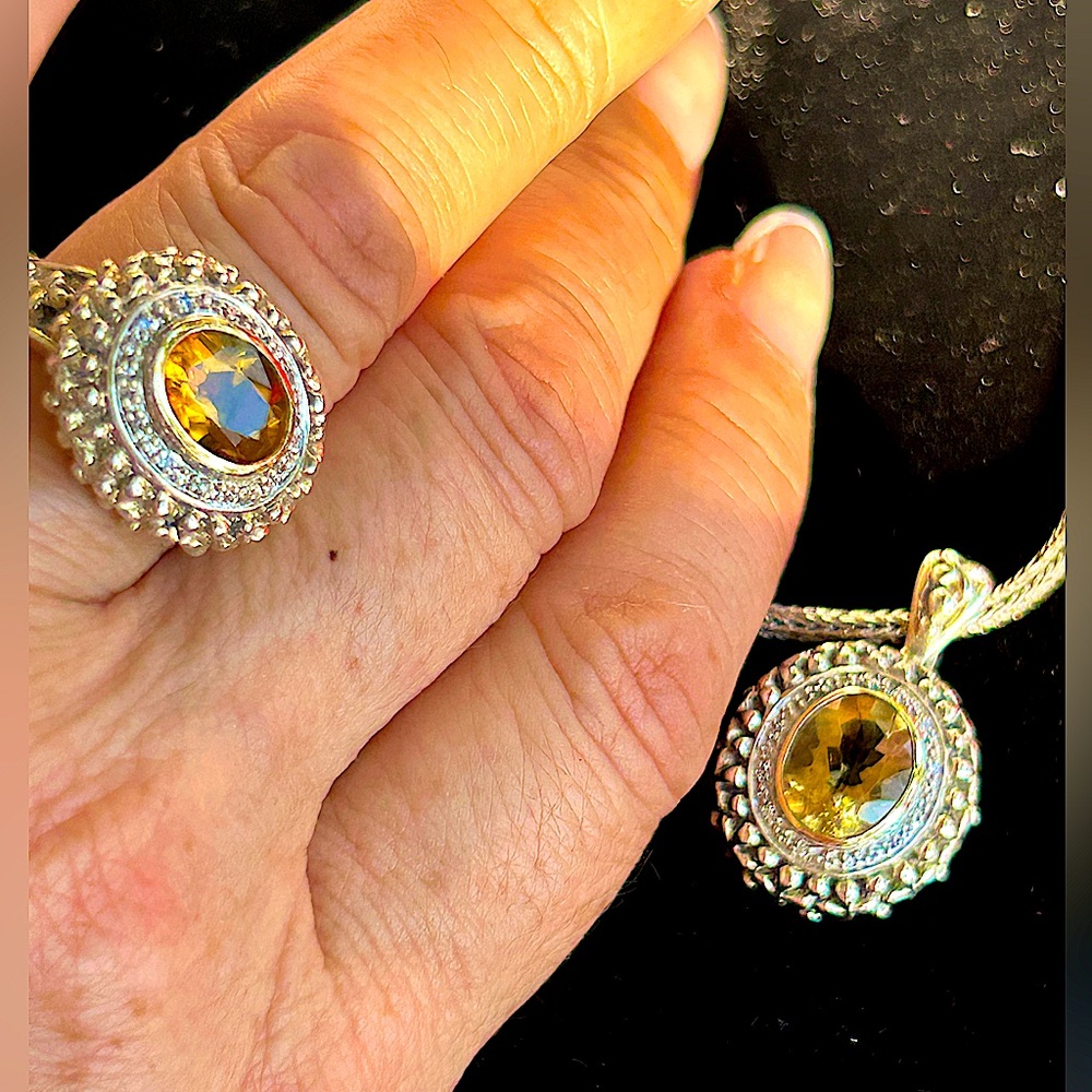 Vintage Samuel B.(Benham)Necklace & Ring Citrine&Diamonds set in 925 & 14K Gold - Picture 9 of 17